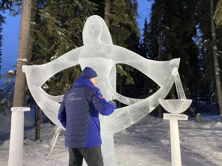 Carving ice in Fairbanks in winter.