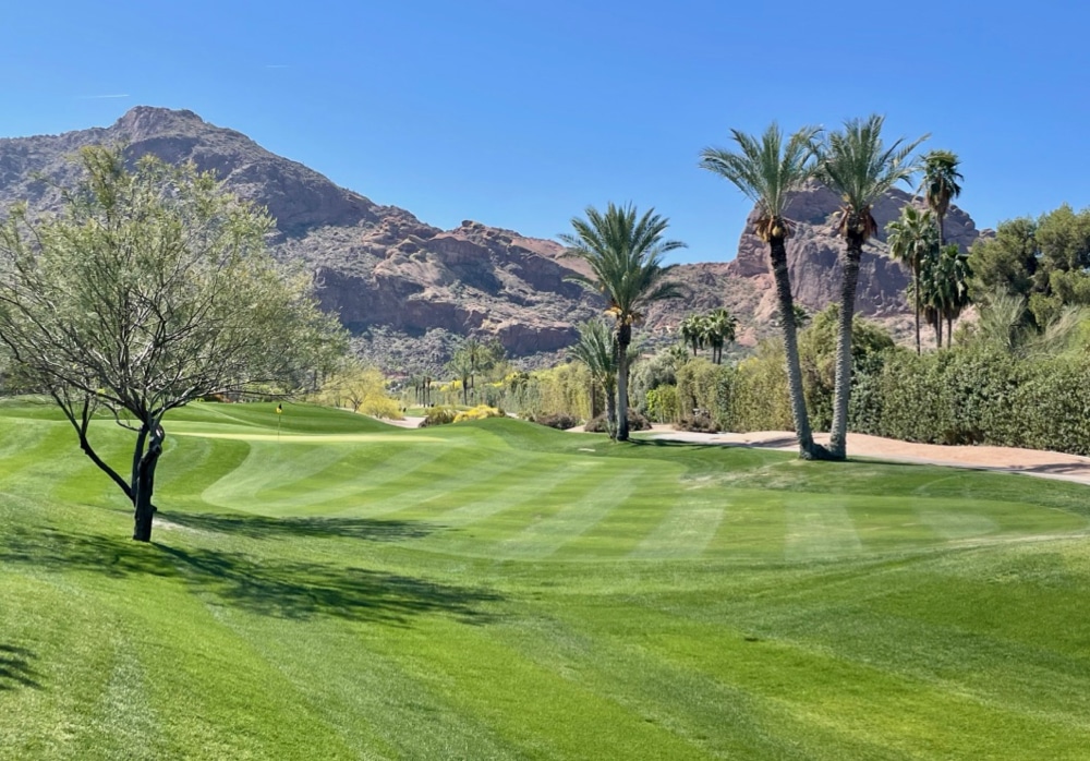 Camelback Mountain provides a background for a fairway at the golf course at Mountain Shadows.