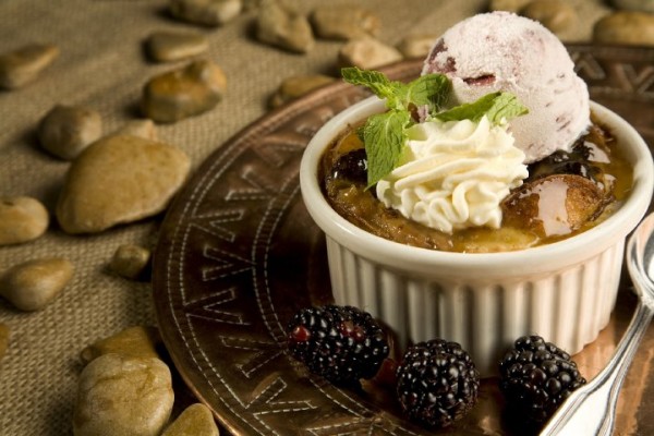 Warm Germans Chocolate Bread Pudding with brandied black cherry icecream