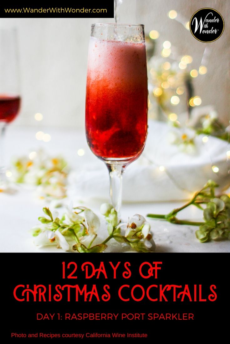 What better way to celebrate Christmas than with 12 Christmas cocktails? For the next 12 days, I will share my celebratory cocktails for the holiday season. On the first day of Christmas, I sipped a Raspberry Port Sparkler. The California Wine Institute and California Wines share this beautiful and delicious cocktail recipe. #cocktails #Christmas #holidays #recipes #california #Wine #CaliforniaWines
