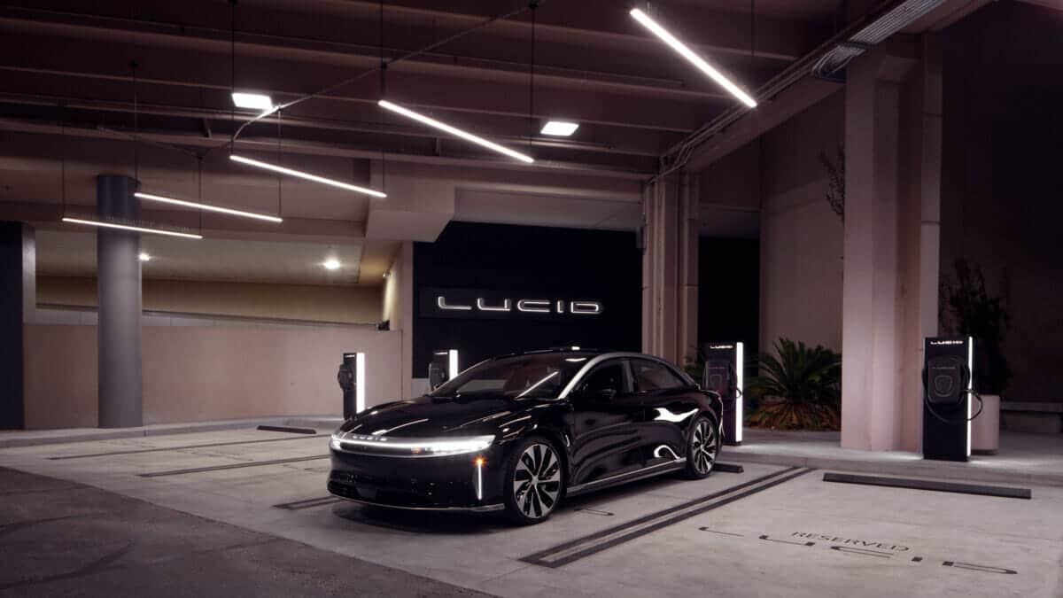 The Lucid Air downstairs from the electric car showroom