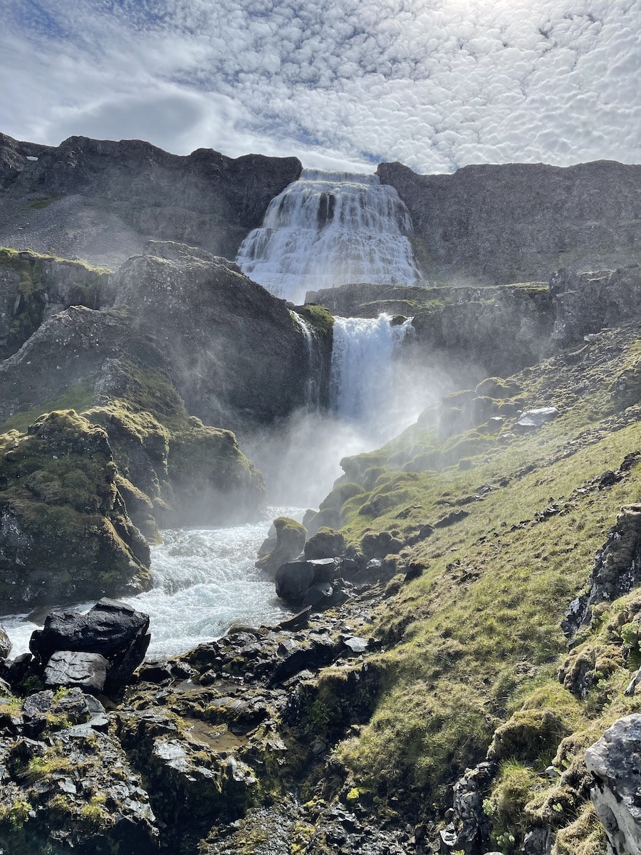 Looking up at Dynjandi Waterfall near Patreksfjordur, a stop when cruising Iceland.