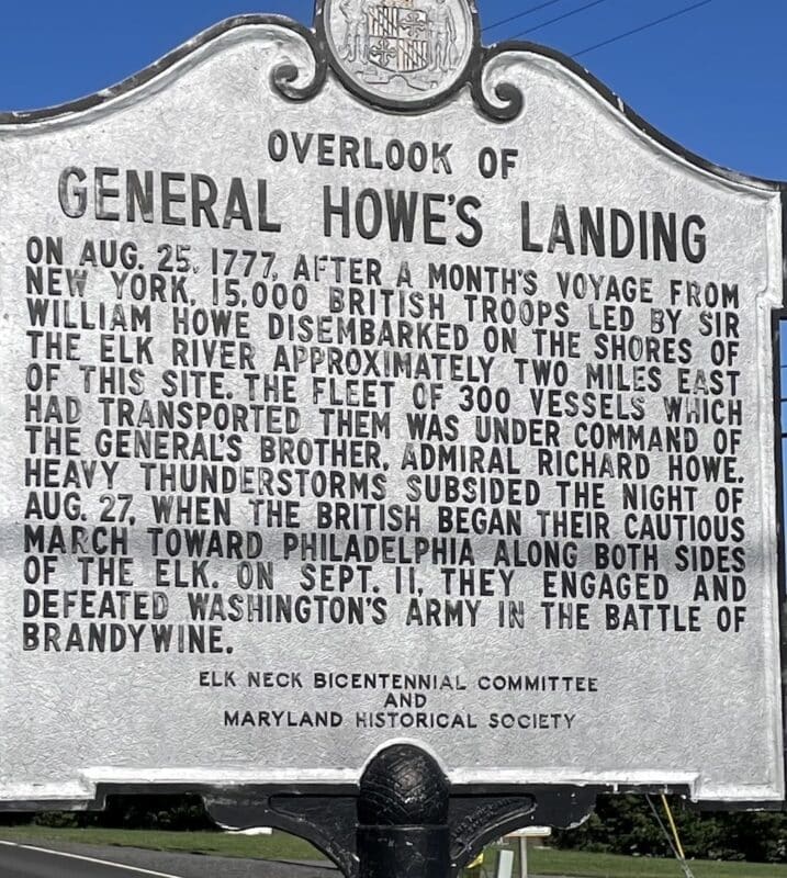 A sign depicting the landing of General Howe during the War of 1812 in a small Maryland town.