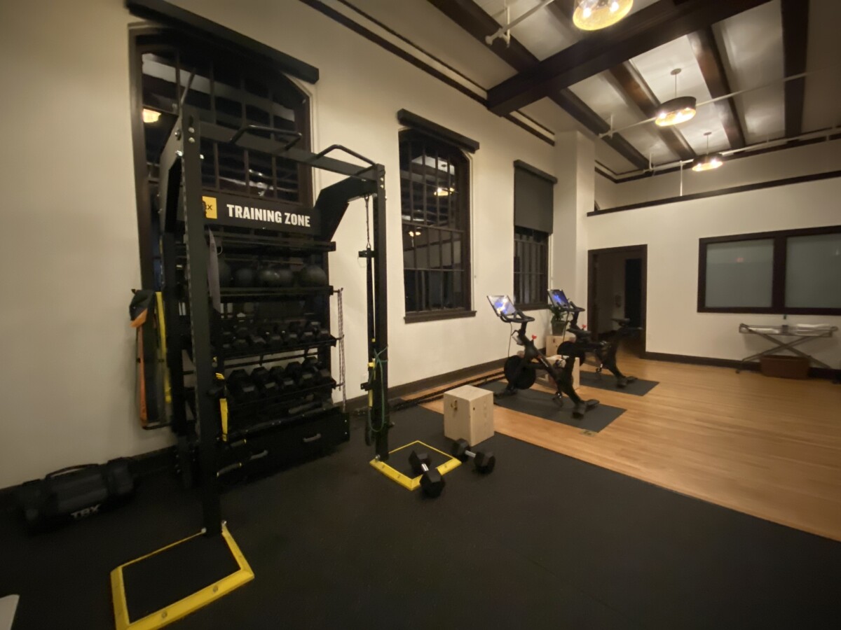 The tidy, well-equipped gym. 