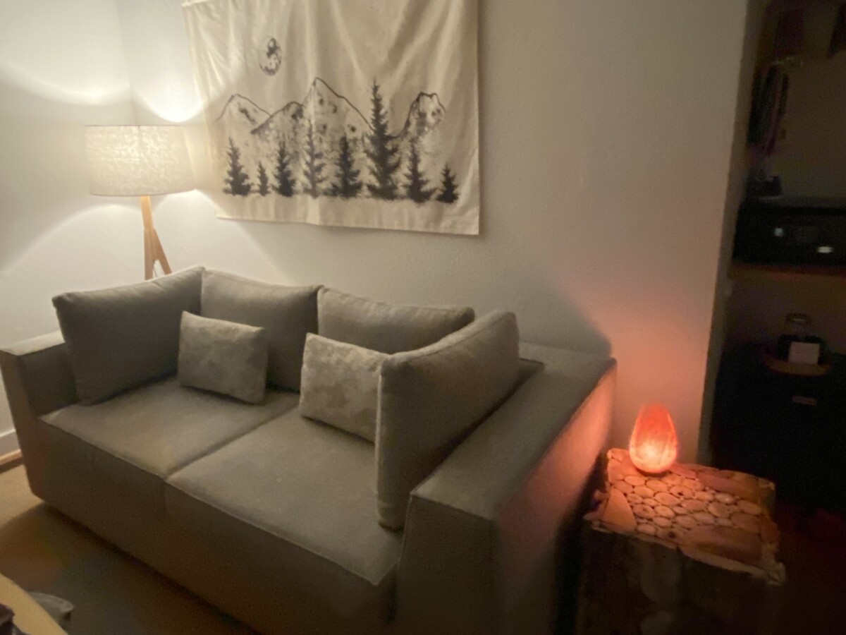 Our sofa and Himalayan salt lamp.