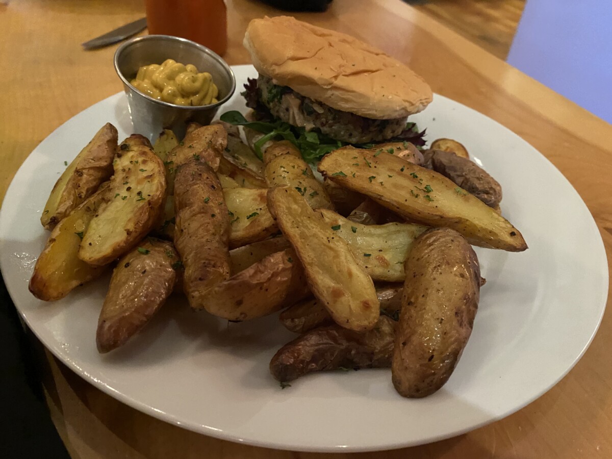 That's my veg burger behind all those fingerling potatoes.