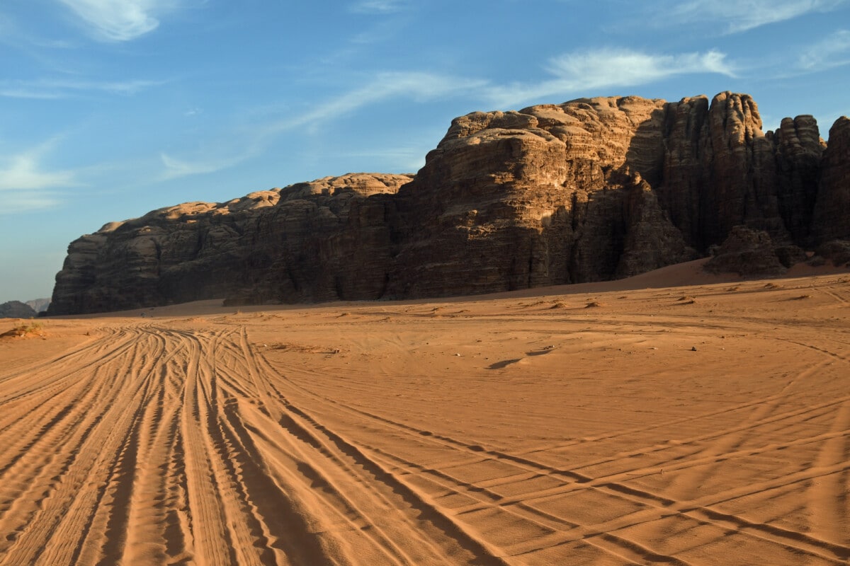 Wadi Rum stands out for its Mars-colored sand and rock formations.