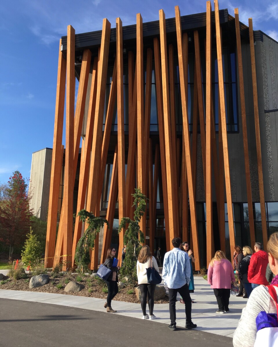 Soaring timbers accentuate the entrance at the Art Preserve of the John Michael Kohler Arts Center. Visit before surfing in Sheboygan. 