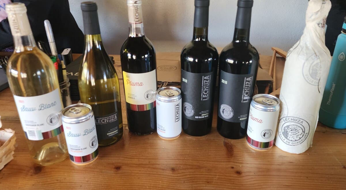 A selection of Lechuza Wines including canned wine.. Lechuza makes great wine in Valle de Guadalupe.