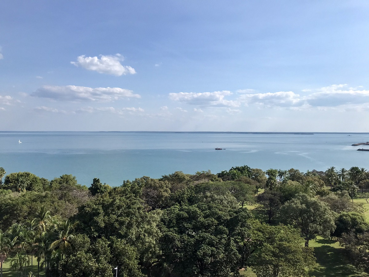A view from a ninth-story hotel room overlooking Darwin's Bicentennial Park and the ocean. 