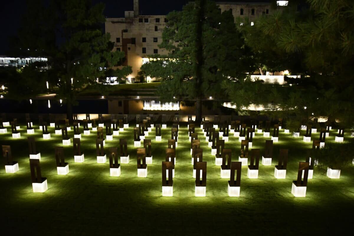 The outdoor memorial at the Oklahoma City National Memorial Museum is open 24 hours a day. Photo by Teresa Bitler.