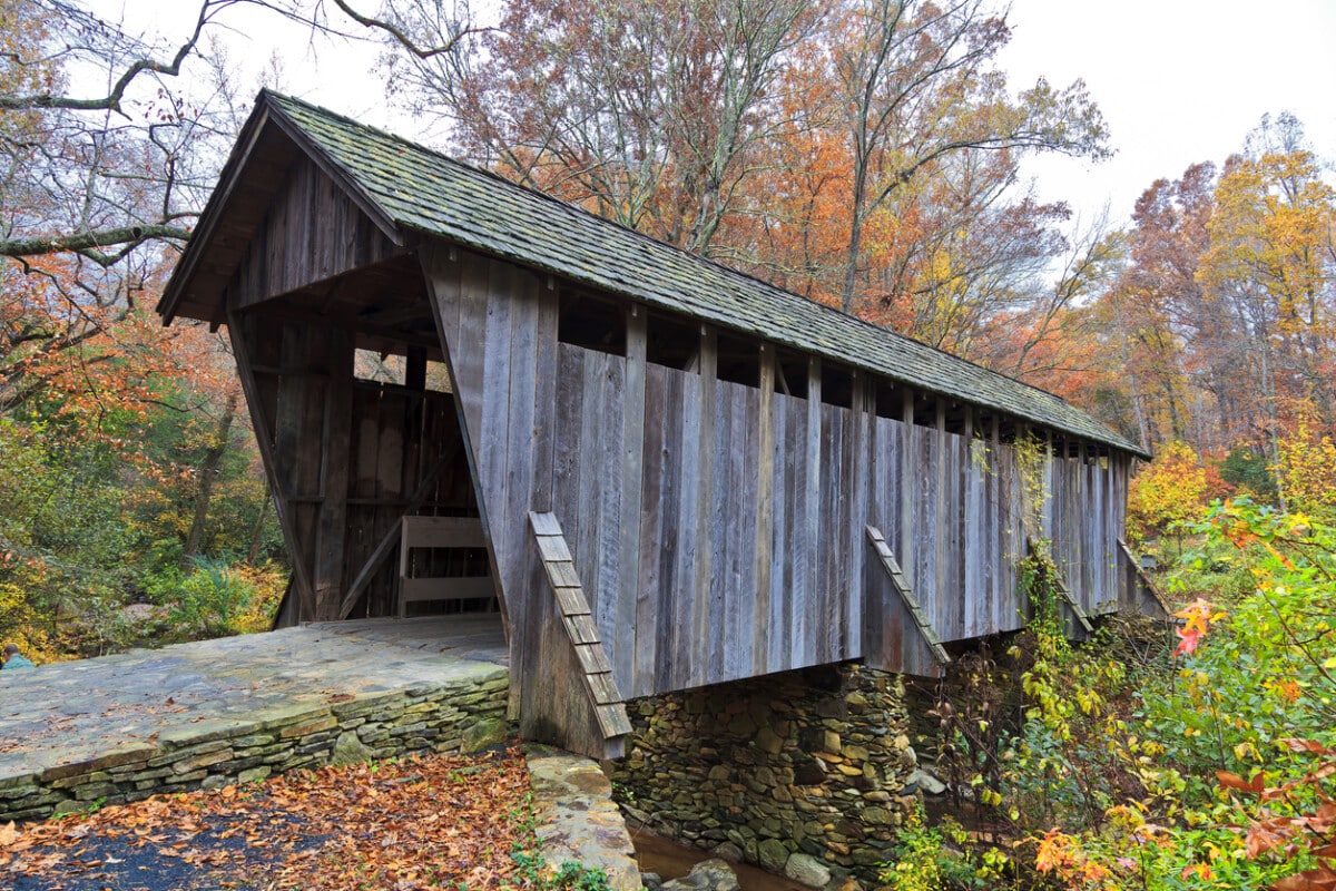 Pisgah Covered Bridge in Randolph County, North Carolina in the fall, near Asheboro