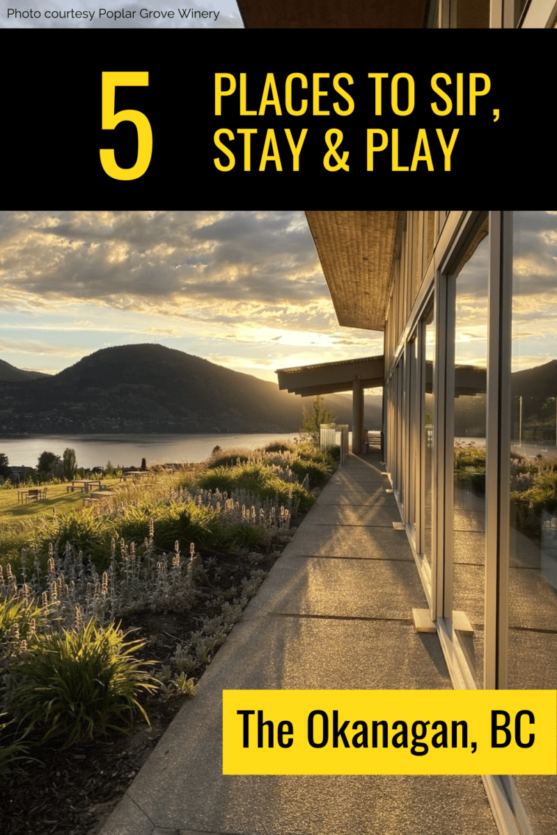 British Columbia's beautiful Okanagan Valley is known for its exceptional wineries, picturesque lakes, and luscious fruits. Here are some of the top 5 places to sip, stay, and play in The Okanagan.