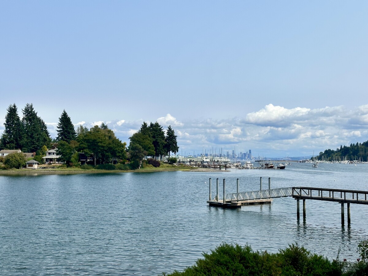 Eagle Harbor on Bainbridge Island with Puget Sound and Seattle in the distance. Photo by Susan Lanier-Graham