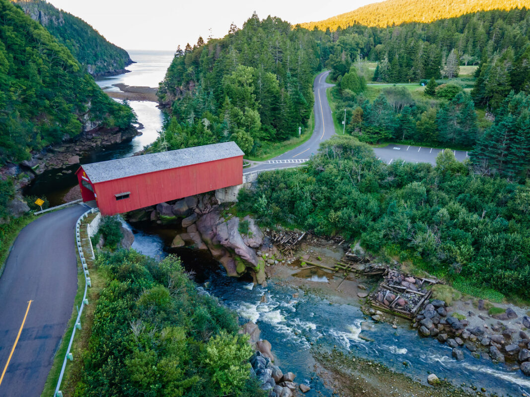 Aerial view of Point Wolfe Covered Bridge Fundy Biosphere Reserve in Canada