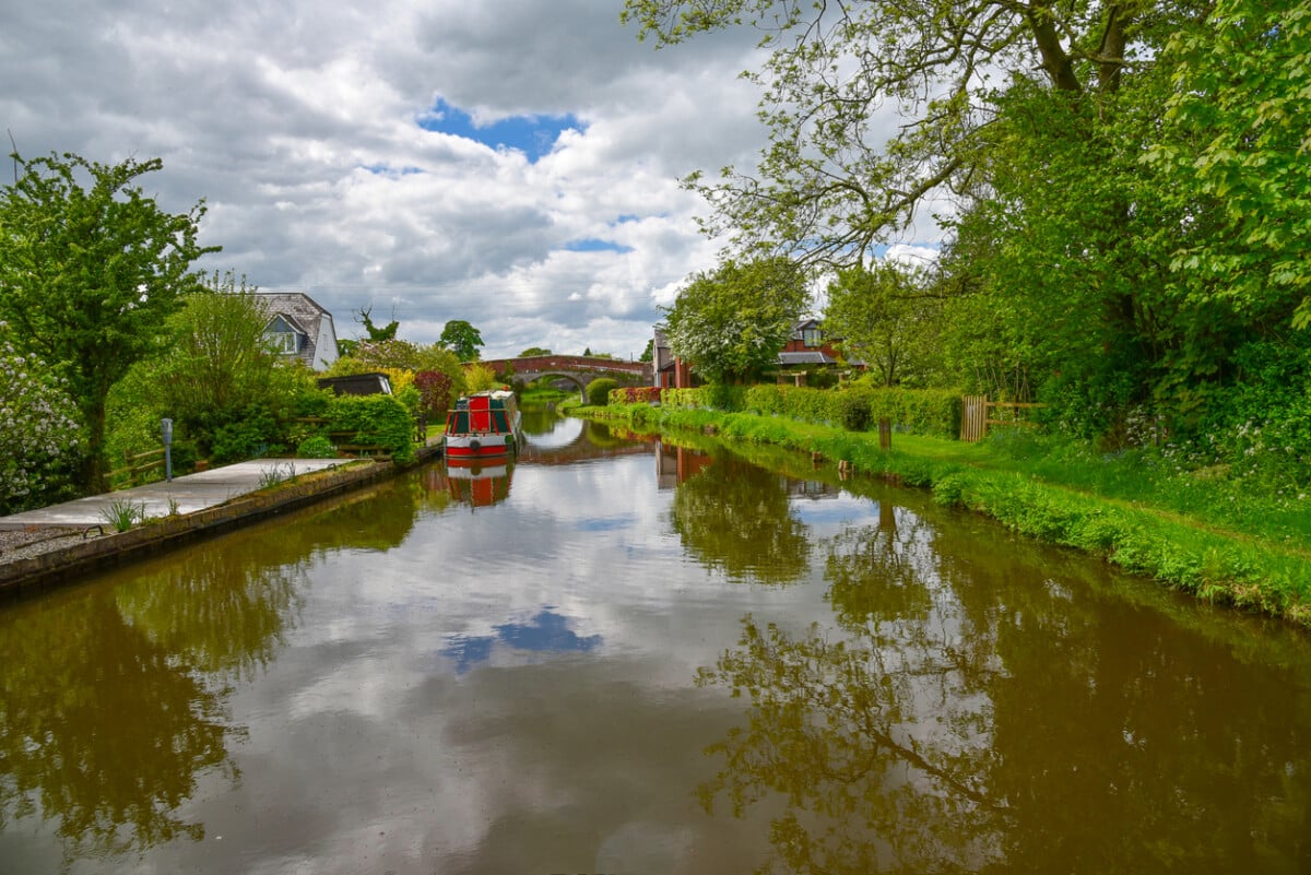 Scenic canal view of the Llangollen Canal near Ellesmere, Wales,UK